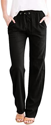 פשתן מכנסיים נשים, מוצק גבוהה מותן ישר - רגל רפוי שרוך פשתן מכנסיים עם כיסים חוף מכנסיים