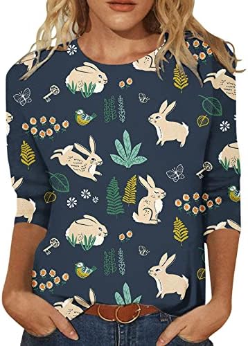 חולצת ארנב פסחא לנשים 3/4 חולצות שרוול לנשים חולצות הדפס חמודות צוואר עגול חולצות טי רופפות