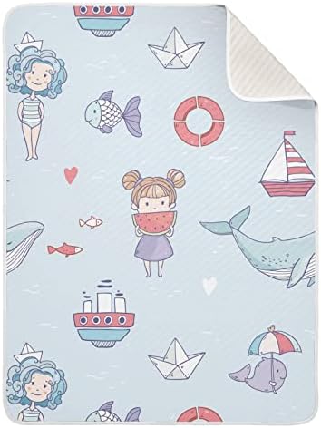 שמיכת חוטף בנות קיץ דגים לווייתני כותנה שמיכת כותנה לתינוקות, קבלת שמיכה, שמיכה רכה קלה משקל לעריסה,