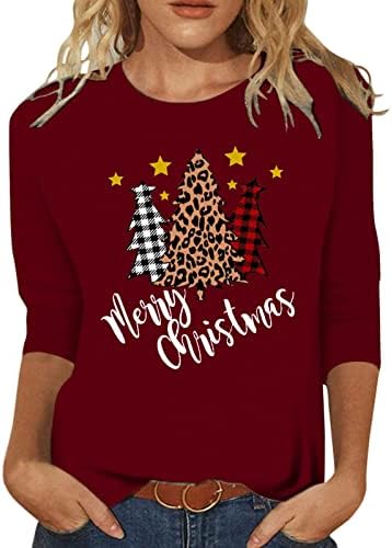 טיז חג המולד חולצות גדולות לחג המולד נשים חג המולד מזדמן אופנה מזדמן לחג המולד משובץ עץ צוואר צוואר שלוש