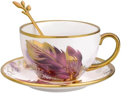 כוסות תה קרמיקה ידית זהב ג ' ימירויגרו, ספל קפה אספרסו דפוס נוצת בציר להגדיר עם צלחת & מגבר; כפית, 7.74