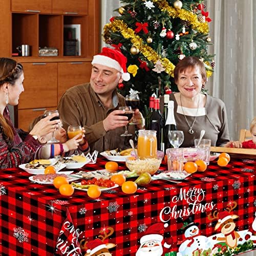 בד מפת שולחן חג המולד כיסוי שולחן משובץ באפלו אדום לשולחן מלבן, איש שלג רחיץ סנטה קלאוס קישוטי בד