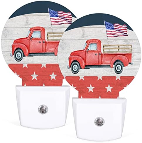 אדום משאית עומס אמריקאי דגל עגול לילה אורות 2 חבילה, עץ מרקם התוספת הוביל מנורות לילה אוטומטי