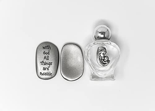 אבן אגודל מתכתית - אסימון כיס ובקבוק זכוכית בצורת לב מלא במים קדושים אמיתיים