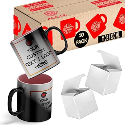 סט ספל קפה קרמי בהתאמה אישית עם ורוד משתנה צבע פנימי - 11 עוז קיבולת, חבילה בתפזורת אישית של 10 עם קופסאות