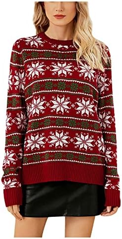 סוודרים לחג המולד של YMOSRH לנשים סוודרים אופנה צוואר עגול אדום שרוולים ארוכים סוודר שלג