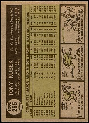 1961 Topps 265 טוני קובק ניו יורק ינקי VG/Ex+ Yankees