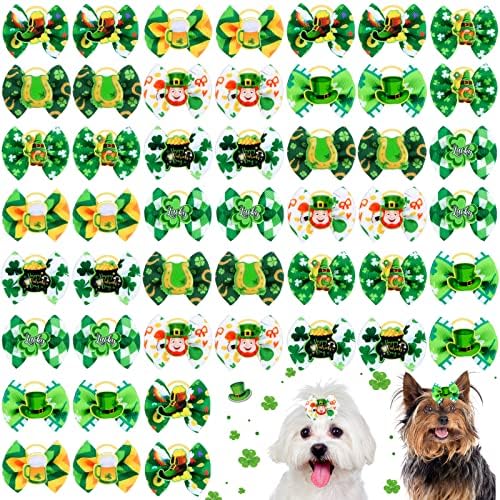 48 יחידות/24 פייר סנט פטריק יום כלבים קשתות עם גומיות רצועות שיער כלב ירוק קשתות גורים קשתות שמרוק כלב