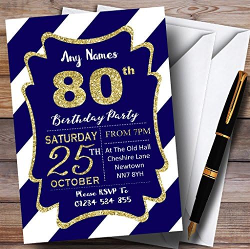 פסים אלכסוניים לבנים כחולים זהב הזמנות למסיבת יום הולדת 80 בהתאמה אישית