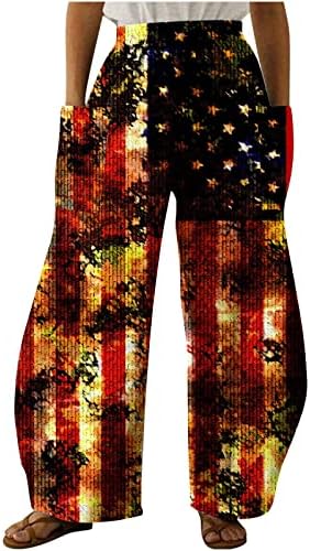 מכנסי טרנינג לנשים רופף מזדמן רחב רגל מכנסיים עצמאות יום הדפסת אלסטי אמצע מותניים אצן קפריס עם כיס