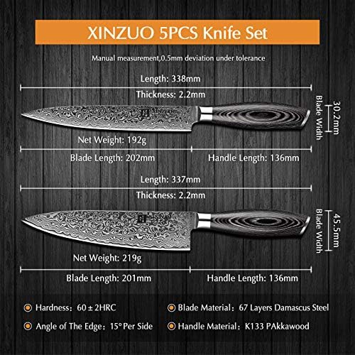 Xinzuo 5 pc סכין מטבח סט דמשק פלדה גבוהה פחמן פחמן שף סכין סכין סכין סנטוקו סכין סכין סכין סכין