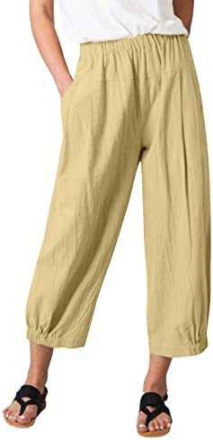 מכנסי פשתן נשים יואסי קרסול מכנסי קפריס רופפים מכנסי מותניים אלסטיים נוחים עם כיסים