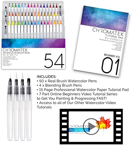 54 עטים בצבעי מים, 15 כרית עמוד &מגבר; סדרת הדרכת וידאו באינטרנט על ידי כרומטק. אמיתי מברשת עטים. 4