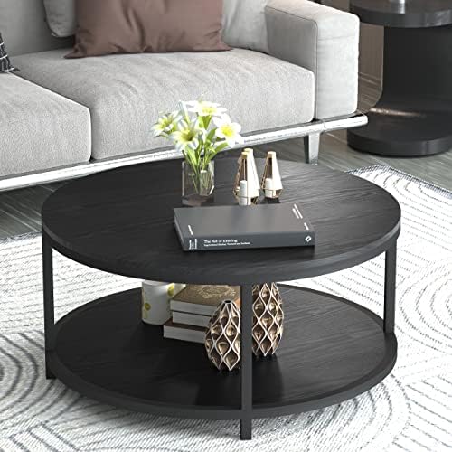שולחן קפה עגול 36 אינץ', משטח עץ כפרי עליון ורגלי מתכת יציבות שולחן ספה תעשייתי לסלון ריהוט בית בעיצוב מודרני
