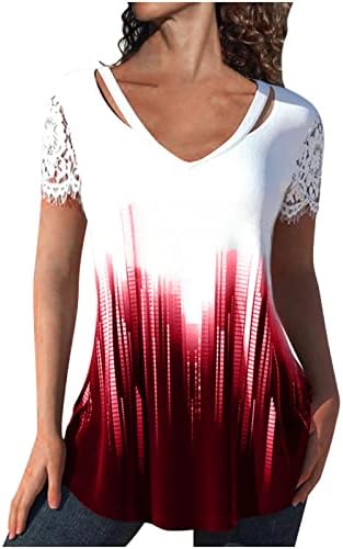 נשים טוניקת קיץ צמרות תחרה חלולה שרוול קצר V צוואר חולצת טריקו עניבה צבע הדפסת טיז גרפי זרימה חולצות רופפות