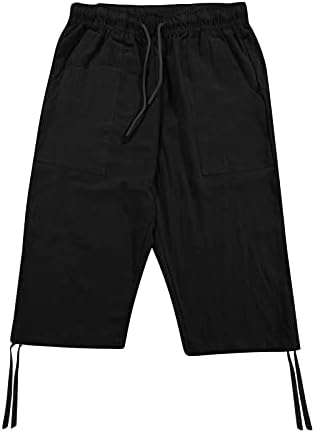 מכנסי פשתן כותנה של Meymia Mens אופנה צבע אחיד המותניים רופפים רופפים רגל מחורצים קצוצים בכיסים