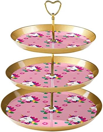 Lyetny 3 קינוח קינוח עוגת עוגת קאפקוויקס זהב עמדת מסיבת תה, חתונה ויום הולדת, דפוס חד קרן עם פרחים ורוד