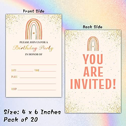 הזמנות ליום הולדת של בוהו קשת עם מעטפות - כרטיס הזמנה למסיבת יום הולדת לבנות / בנים - מעל מילוי