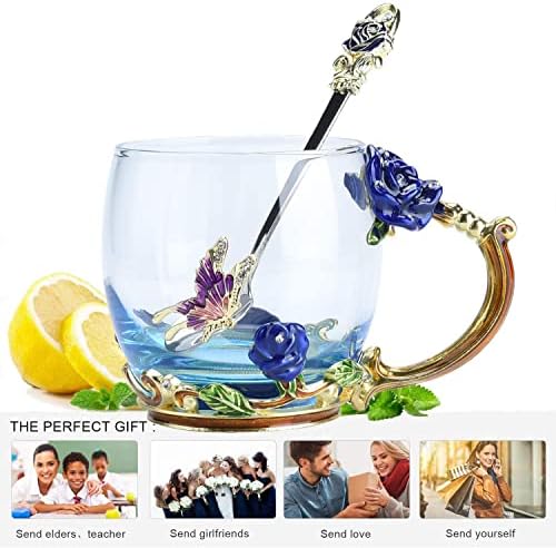 פרפר פרח זכוכית תה כוס, בעבודת יד אמייל עלה קפה ספלי עם כפית, אישית ייחודי מתנה בשבילה נשים