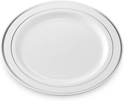 בלומינגודס כסף מסגרת פלסטיק ארוחת ערב צלחות 10.25 אינץ במשקל כבד לבן חתונות מסיבות ואירועים צלחות עם אמיתי סין