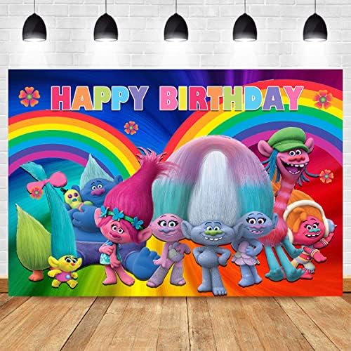 טרולים פרג צילום רקע ילדים שמח מסיבת יום הולדת באנר קשת צבעוני תמונה רקע עוגת שולחן דקור תמונה