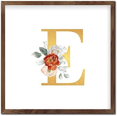 מונוגרמה גליטר זהב מכתב ראשוני E עץ סימן ממוסגר קיר אמנות עיצוב פרחים מותאמים אישית של סימני שם עתיק עץ