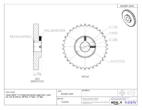 Tsubaki 50B34F-1H סיים את Sprocke משעמם, גדיל יחיד, אינץ ', 50 ANSI No., 5/8 המגרש, 34 שיניים, 1-1/2