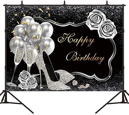 בלימס שמח יום הולדת רקע כסף ושחור נשים מסיבת יום הולדת באנר גבוהה עקבים שמפניה עלה בלון רקע יום הולדת לנשף