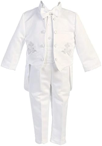 שמלת ערב תינוק / פעוט/בנים לבן טבילת הטבלה מנדרינית צווארון זנב 5 יחידות טוקסידו עם צלב רקמה