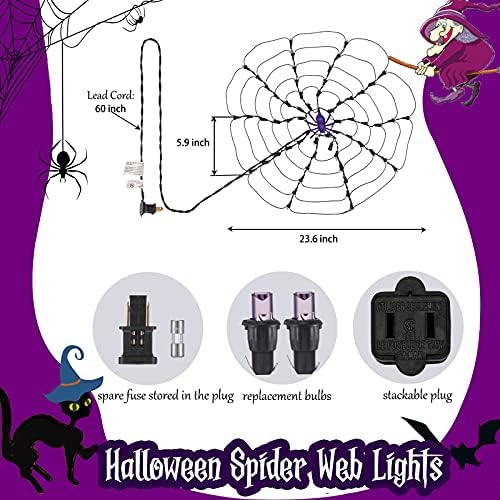 אורות אינטרנט עכביש ליל כל הקדושים עם עכביש, עמיד למים 60 אורות סגולים LED ורשת שחורה לחצר מרפסת בר