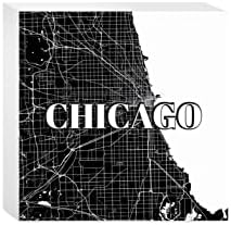 מפת B&W מינימליסטית של אילינוי שיקגו, עיצוב הבית של ג'ויריד, שלט בלוק עץ, 5 ​​x5 חופשי, מדף או קיר מוצג,