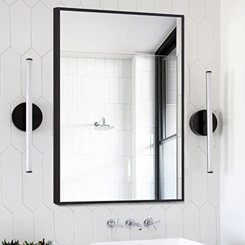 מראה אמבטיה שחורה, 24 על 36 מראה קיר מלבנית עם מסגרת מתכת, מראת איפור מודרנית לחדר שינה חדר אמבטיה סלון