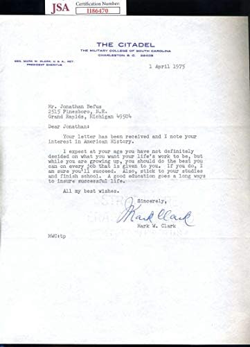 הגנרל מארק קלארק JSA COA יד חתימה על חתימת מכתב 1975