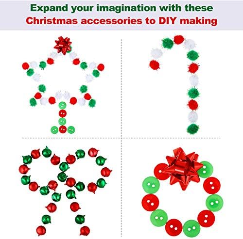 1200 חתיכות סט קישוטים למלאכת חג המולד, כפתורי שרף חג המולד, פעמוני חג המולד קטנים וקישוטים לחג המולד פום פום
