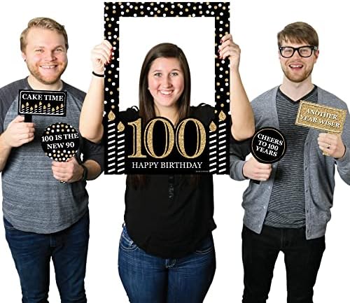 יום הולדת 100 למבוגרים - זהב - מסיבת יום הולדת Selfie Photo Booth מסגרת תמונה ואביזרים - מודפסים על