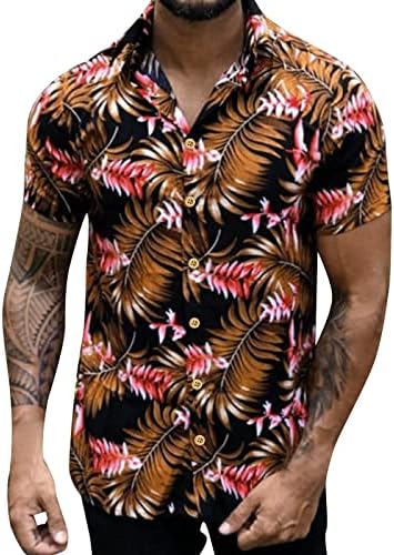 חולצות הוואי של Ubst Mens, שרוול קצר של קיץ עלים טרופיים כפתור הדפסה כלפי מטה רגוע בכושר דש צווארון אלוהה