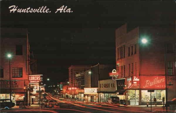 רחוב וושינגטון בלילה האנטסוויל, אלבמה אל גלויה מקורית של וינטג '