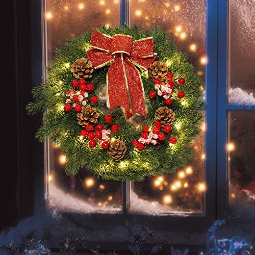משטח 16 אינץ 'LED זר חג מולד עם פגרי יער אדומים, זר חג מואר מואר עם קשת אדומה עם 40 אורות לבנים חמים LED