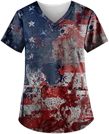 חולצת טי 4 ביולי לנשים דגל אמריקאי שרוול קצר שרוול V חולצות צוואר עם 2 כיסים לבגדי עבודה מזדמנים