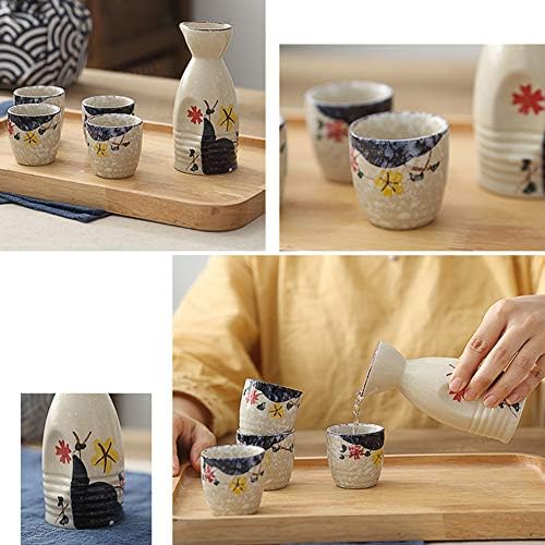 סט סאקה של LHH, קרמיקה כוסות סאקה 5 חלקים כולל סיר סאקה של 1 יח '4 יחידות סאקה למשפחה ולחברים המתנה הטובה ביותר