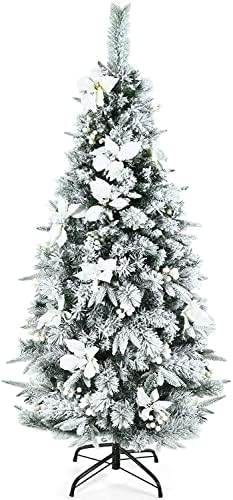 Chefjoy Snow Snow עץ חג מולד מלאכותי צירים, קישוט עץ חג המולד מלא עם פירות יער לבנים ופרחי פוינסטיה,
