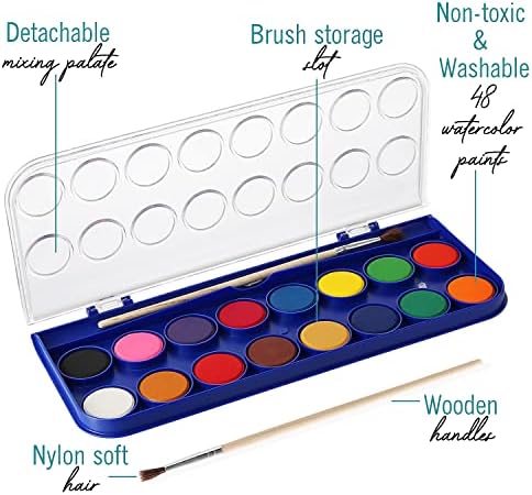 2 חבילות של 16 צבעים עזים סט צבעי צבעי מים רחיצים כוללים פלטת ערבוב צבעי מים ו -2 מברשות, מושלמות לאמנים,