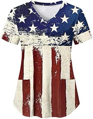 4 ביולי חולצת טי לנשים קיץ שרוול קצר חולצת טי עם 2 כיסים דגל אמריקאי בגדי עבודה חולצות חג מזדמנים