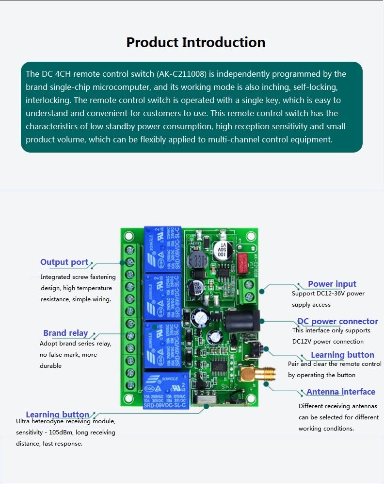 חכמה מרובה DC 12V 24V 36V 10A 433MHz 4 ערוצים 4 ערוץ ממסר אלחוטי RF מתג שליטה מרחוק מתג RELAY RELAY RELATE