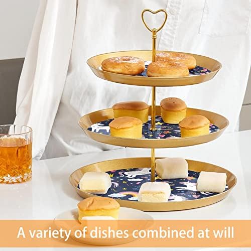 LYETNY 3 קינוח קינוח עוגת קינוח זהב עמדת מאפה למסיבת תה, חתונה ויום הולדת, כוכבי חד קרן מצוירים