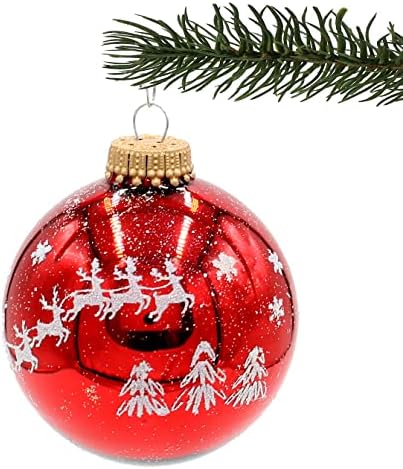 קישוטים של עץ חג המולד של לושאר - סט של 4 עץ חג המולד ביד אדומה מאט מעוטר בנצנצים - קישוט באדום ולבן בקוטר