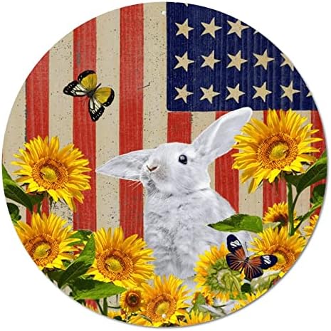 שלט מתכת עגול מכסים פטריוטיים אמריקאים ופסים ארנב דגל וחמניות שלט זר וינטג