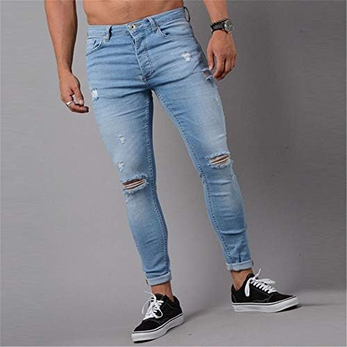 גברים במצוקה ג 'ינס ישר רגל נמתח נהרס הברך חורים ג' ינס מכנסיים עם רוכסן קרוע מכנסיים