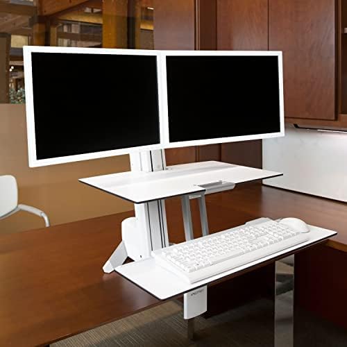 ארגוטרון-וורקפיט-ממיר שולחן עמידה לצג כפול, תחנת עבודה לשבת לשולחנות-עם משטח עבודה, לבן