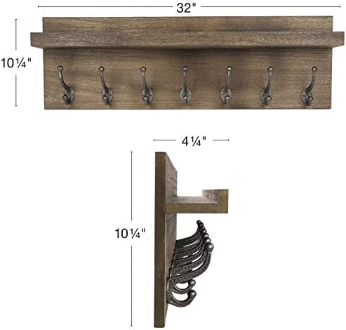 מדף מעיל עץ כפרי כבד ומדף כניסה: כולל 7 ווים, מדף אחסון עליון ומחזיק שרשרת מפתח. הגודל הוא 32 x 10.25 לכניסה,